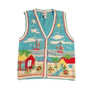 Vintage Koret Sweater Vest Beach Ocean Cruise Cottage Core Women Medium Grandma